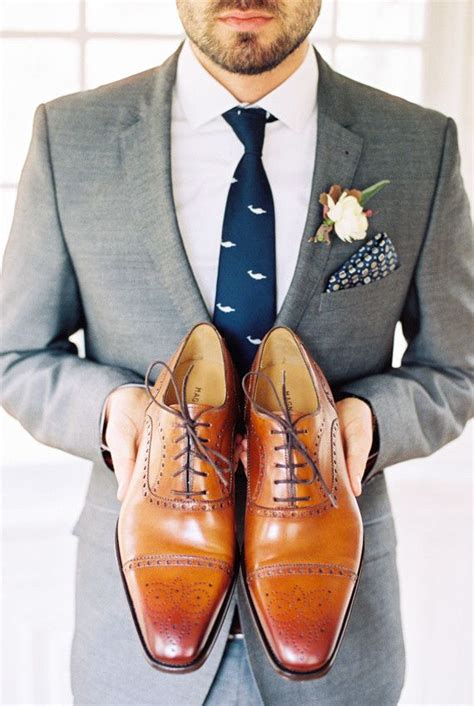 gray suit brown shoes wedding.